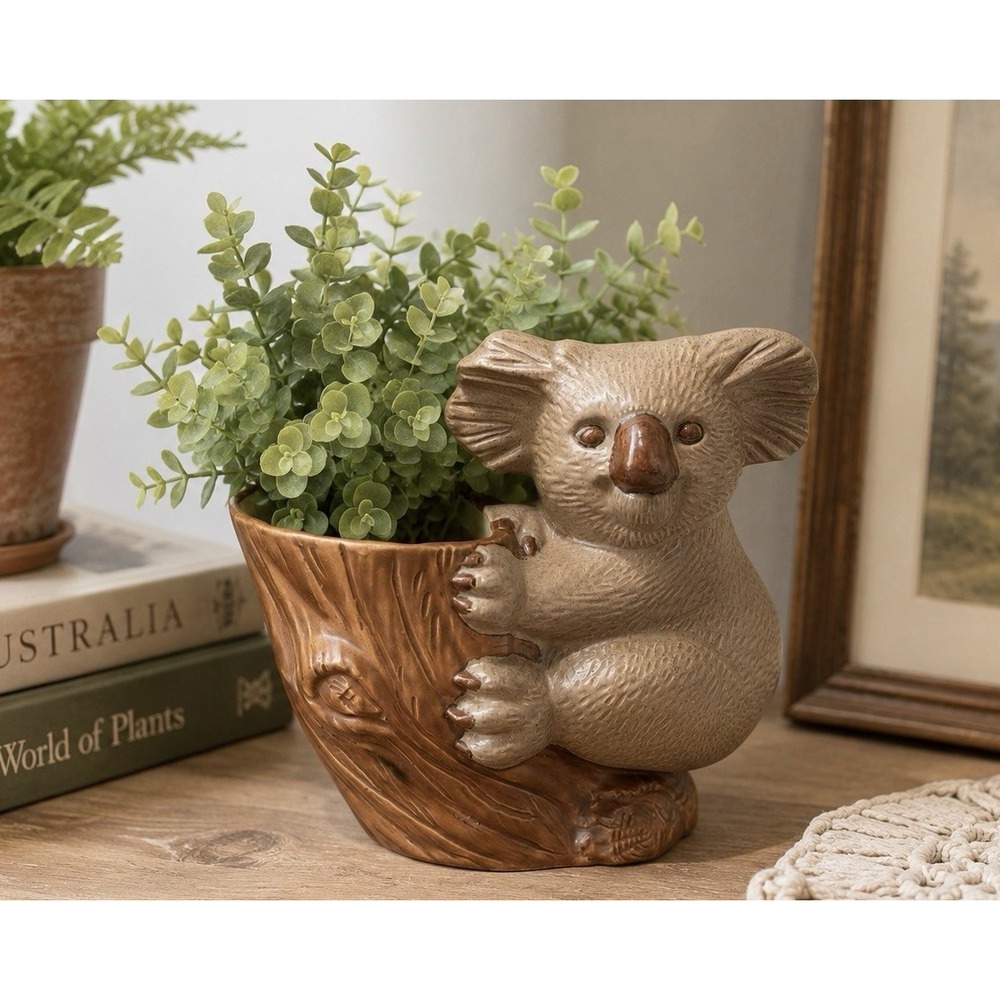 Vintage Koala Bear Planter Ceramic Tree Stump Cache Pot Kitschy Animal Decor